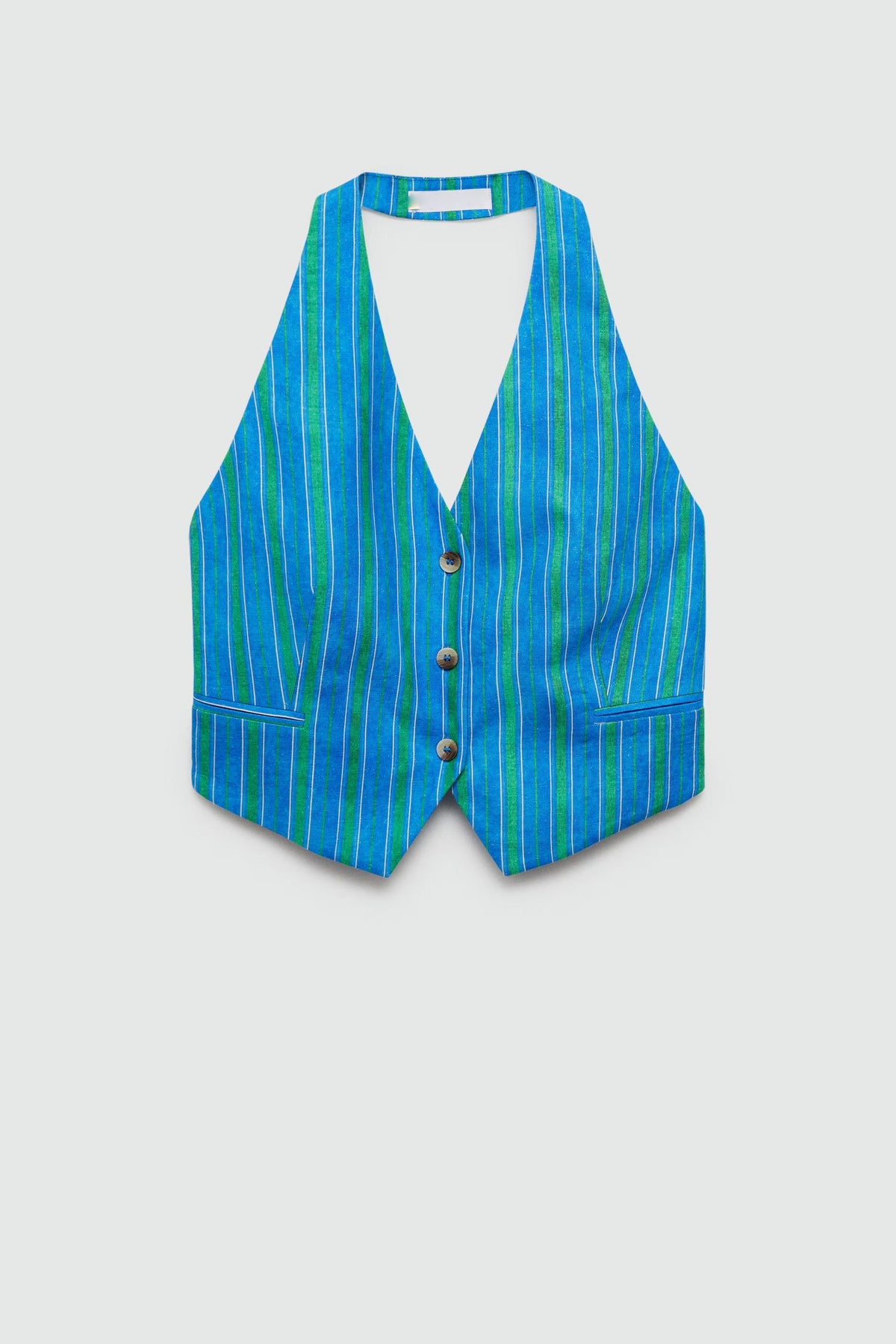 Linen Blend Striped Button Halter Backless Vest and Elastic Waist Pocket Pants Set