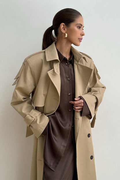 Extra Long Belted Waist Cotton Overcoat