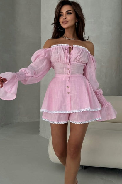 Lantern Sleeve Lace Up Off Shoulder Top Two Piece Shorts Set