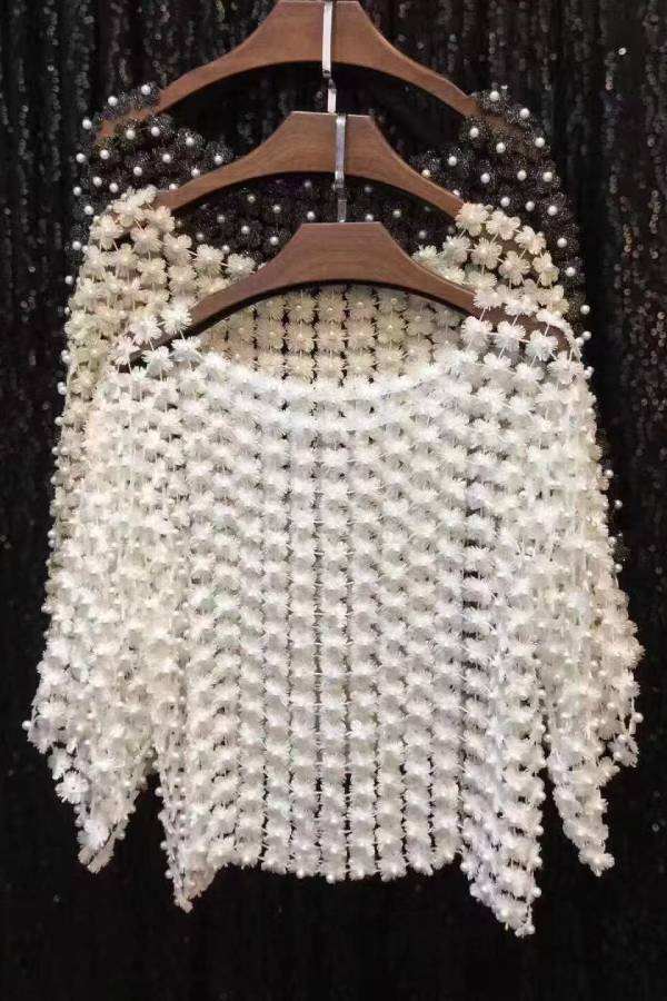 3D Flower Pearl Embellished Mesh Cover-Up Top