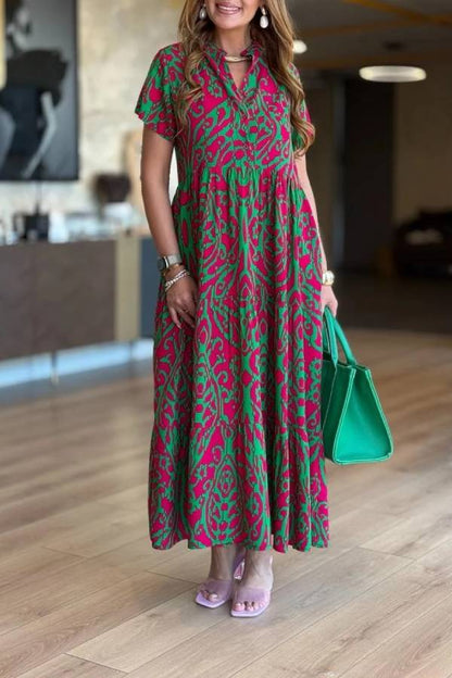 Ethnic Print V-Neck Short Sleeve Tiered Flowy Maxi Dress