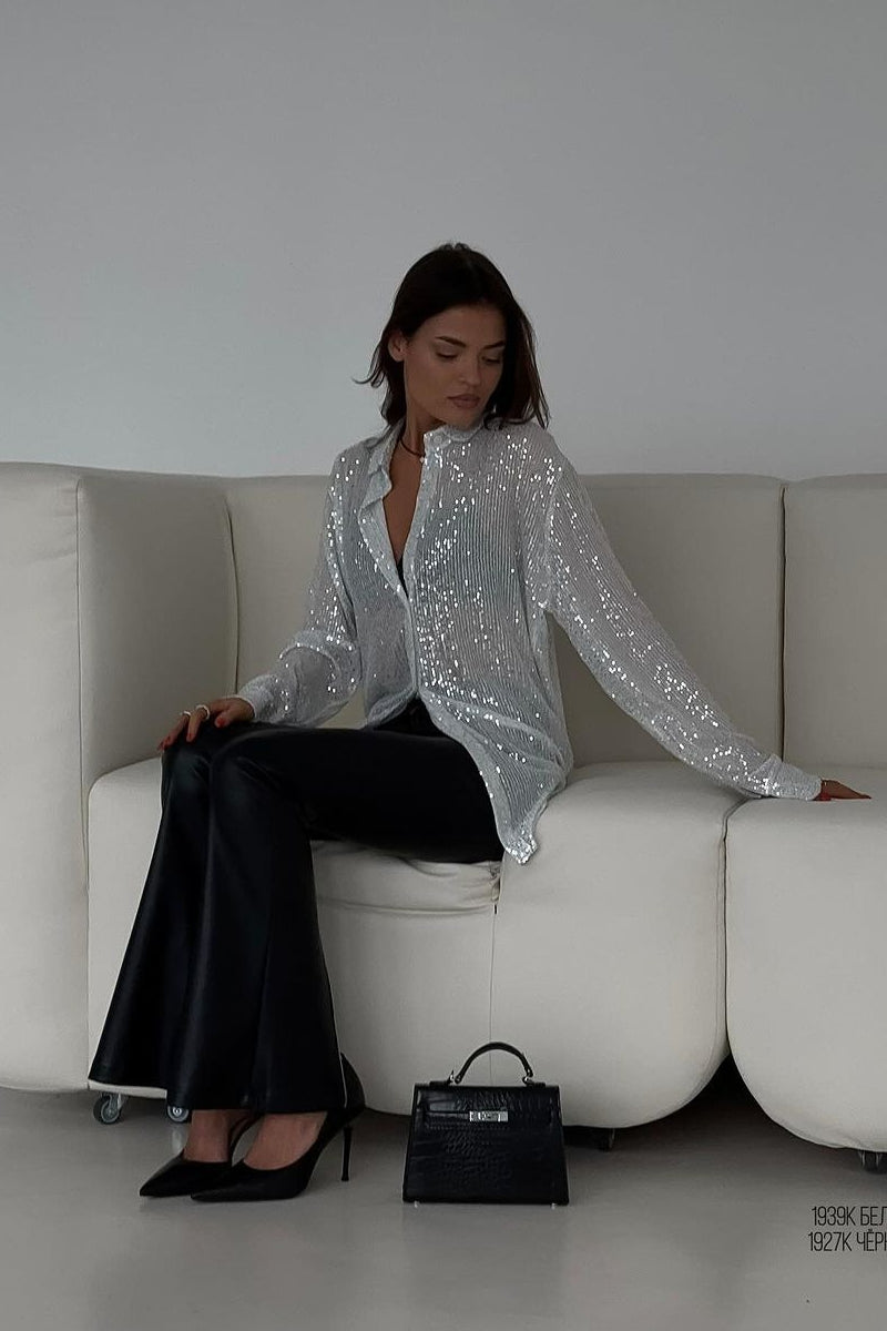 Sexy Sequin Lapel Long Sleeve Shirt