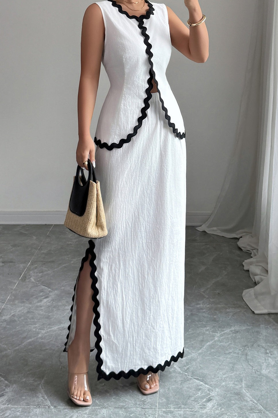 Romantic Lace Trim Vest High Waist Skirt Set