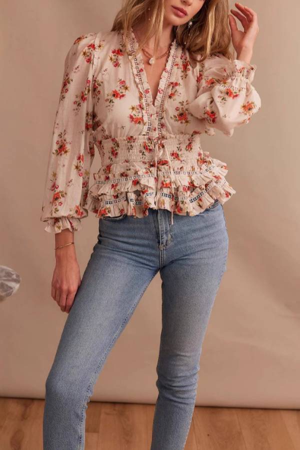 V-Neck Floral Print Waist-Cinched Ruffle Blouse