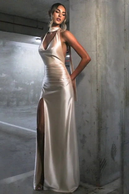 Backless High Waist Satin Dress