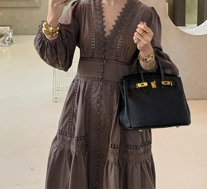 V-Neck Button Front Puff Sleeve Eyelet Lace Embroidered Tiered Maxi Dress