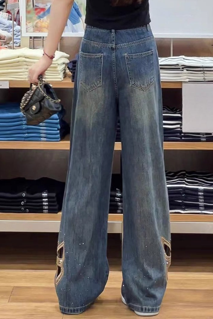 Heavy Embroidery Rhinestone Cutout High Waist Jeans