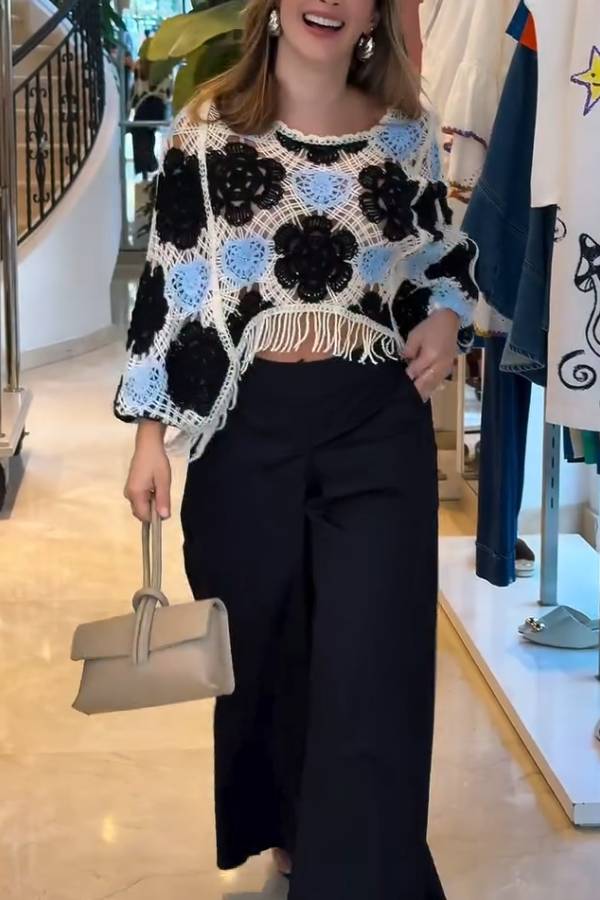 Color-blocked crochet openwork tassel cover-up