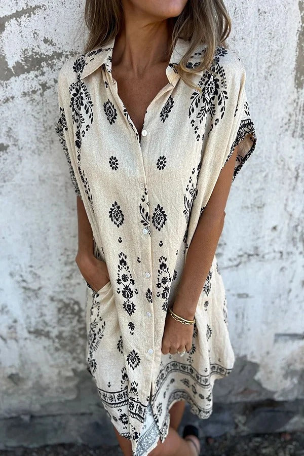 Linen Blend Unique Print Lapel Casual Pocket Mini Dress