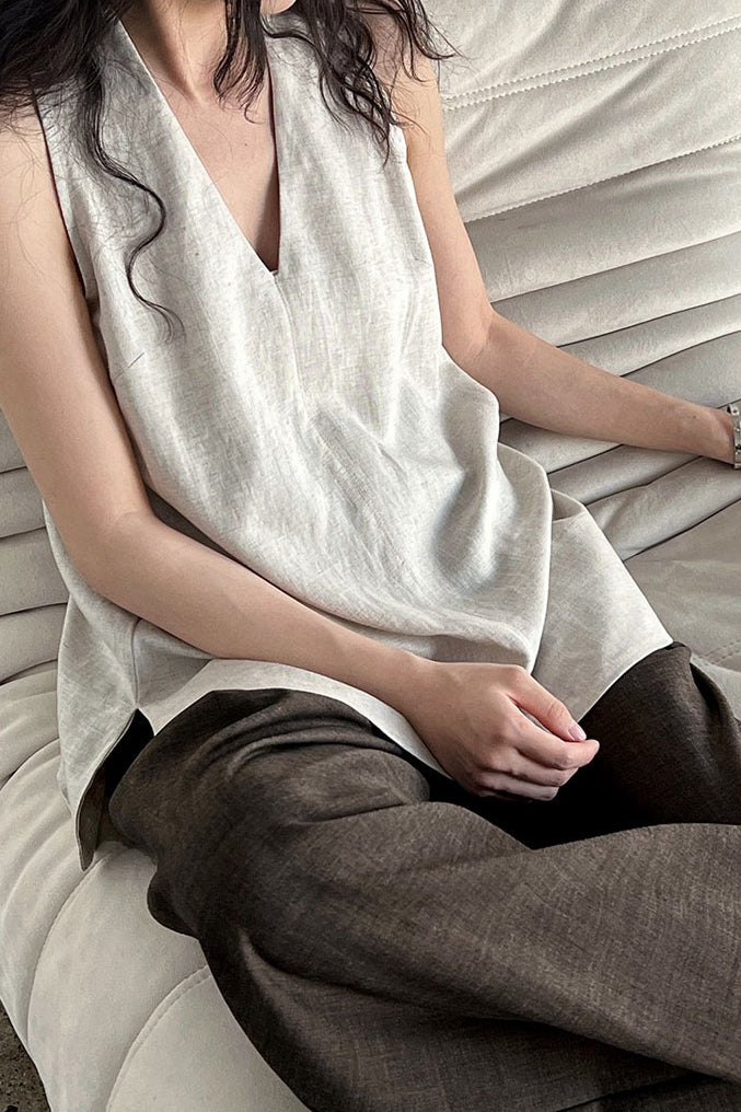 Halter V Neck Linen Casual Tank Top