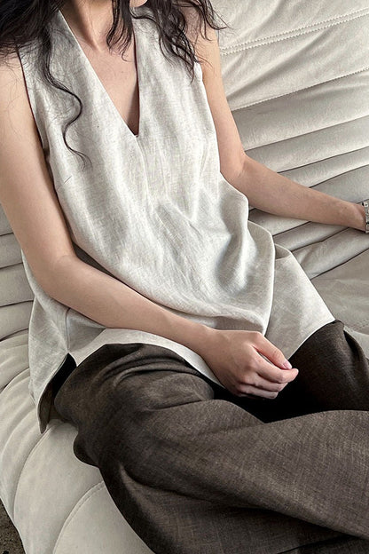 Halter V Neck Linen Casual Tank Top