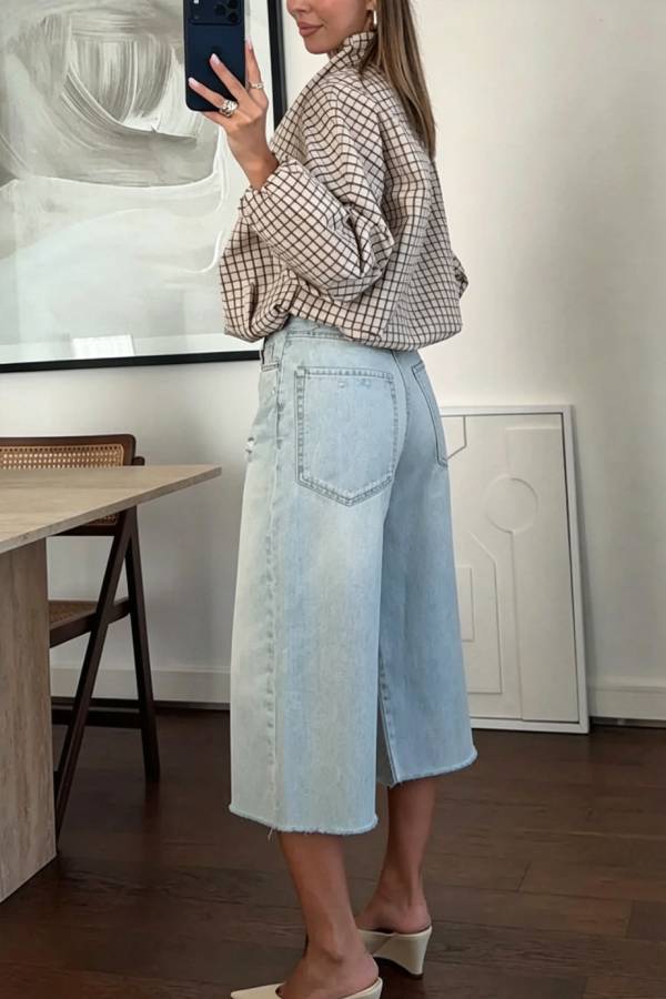 Contrast Color Decorative Plaid Pattern Button Balloon Sleeve Pocket Bomber Jacket