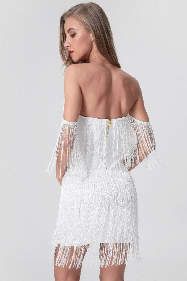 Strapless V Neck Backless Tassel Bandage Cocktail Dress
