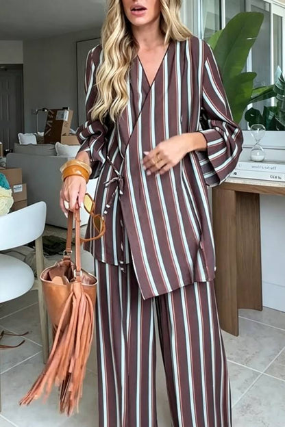 Terez Striped Long Sleeve Wrap Tie-up Jacket and Elastic Waist Pocket Wide Leg Pants Set