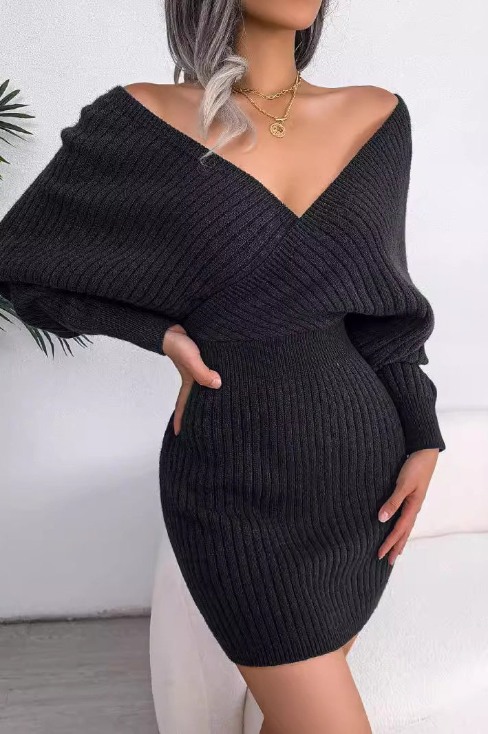 Cross V-Neck Batwing Fitted Sweater Dress