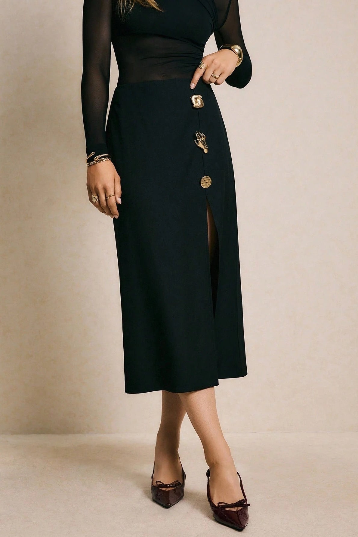Metal Buckle High Waisted Slim Split Skirt