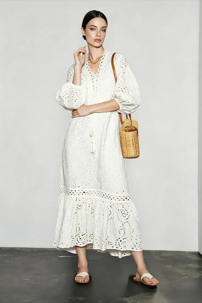 Embroidered Puff Sleeve White Midi Vacation Dress