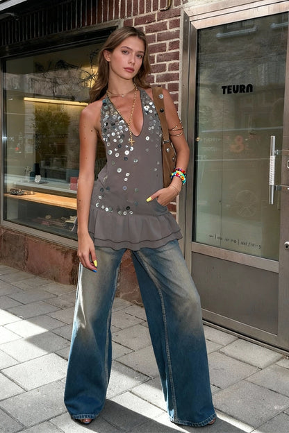 Halter Neck Deep V Sequin Peplum Ruffle Hem Wide Leg Jeans Two Piece Set