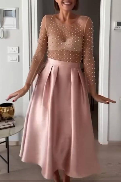 Pearl-Embellished Mesh Long-Sleeved Top