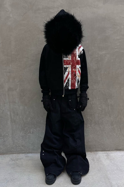 Faux Fur Union Jack Fleece Lined Hoodie
