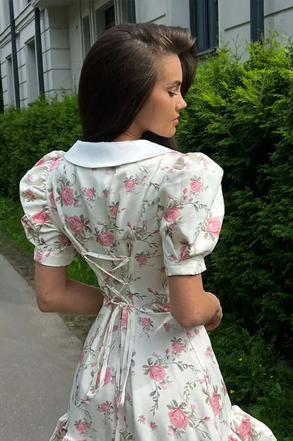 Floral Puff Sleeve Contrast Collar Button Front Ruffle Hem Mini Dress