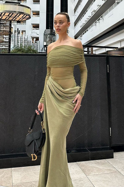 Off Shoulder Sheer Tulle Mesh Slim Fit Elegant Prom Dress