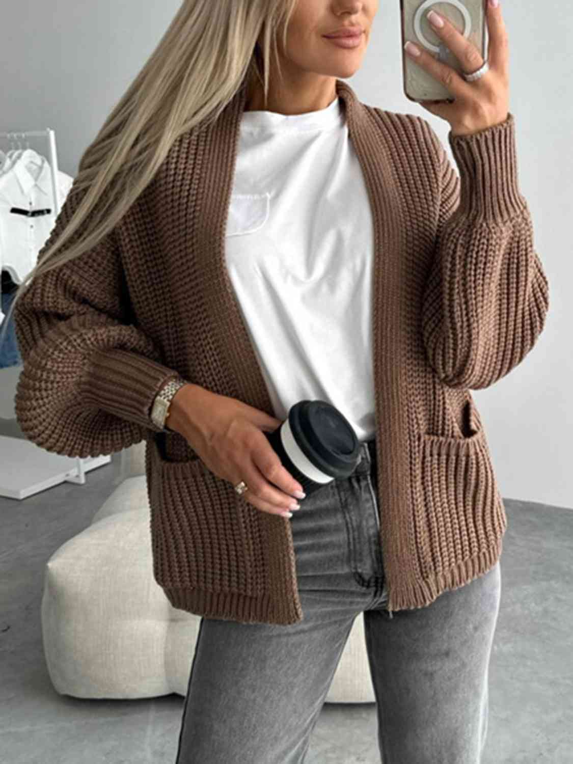 Solid Color V-neck Long-sleeved Casual Knitted Cardigan