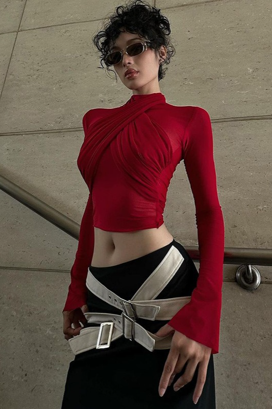 Slim Strappy Paneled Long Sleeve Stylish Crop Top