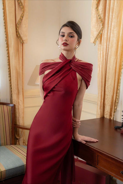 Elegant Satin Slant Neck Sheath Formal Dress