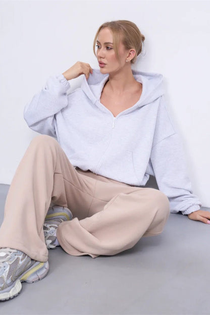 Cropped Fleece Zip Adjustable Waist Hoodie