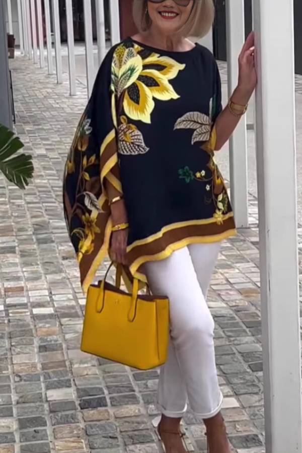 Vacation-Style Printed Batwing Sleeve Top