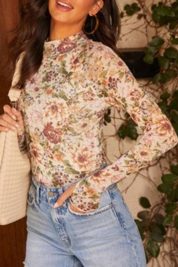 High-neck floral sheer long-sleeved base layer top