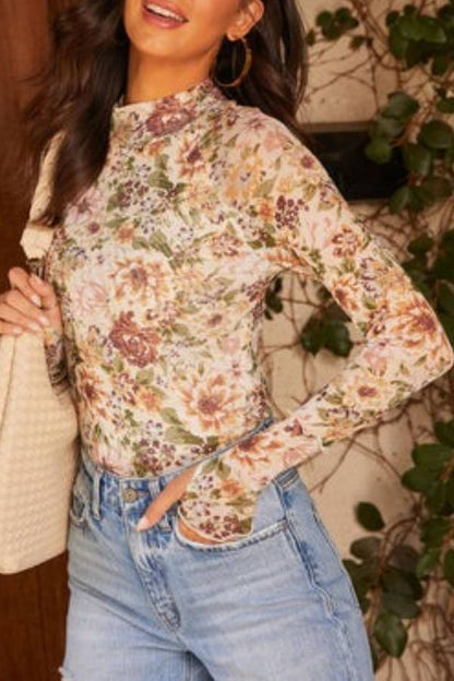 High-neck floral sheer long-sleeved base layer top