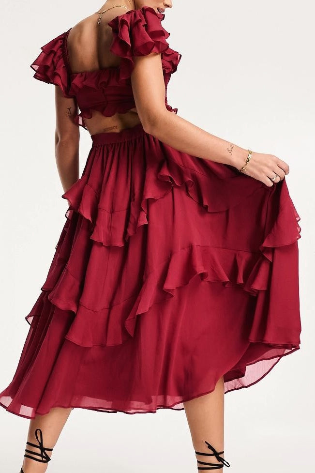 Lace Backless Tiered Ruffle Long Prom Dress