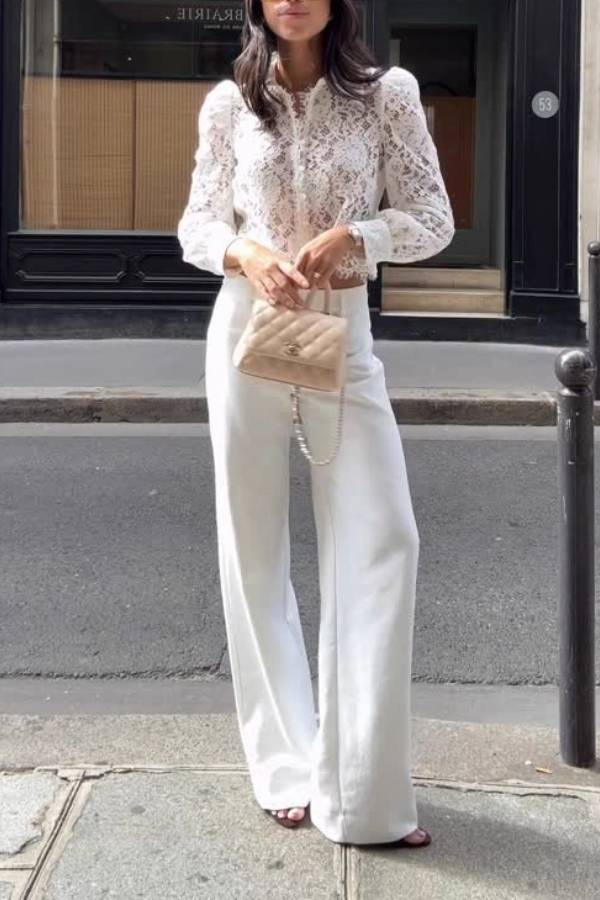 French-style lace openwork collared puff sleeve short shirt