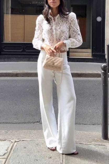 French-style lace openwork collared puff sleeve short shirt