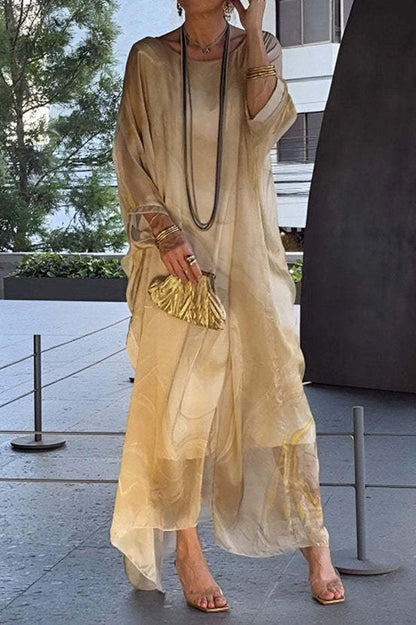 Marbled Print Crew Neck Batwing Sleeve Oversized Kaftan Maxi Dress