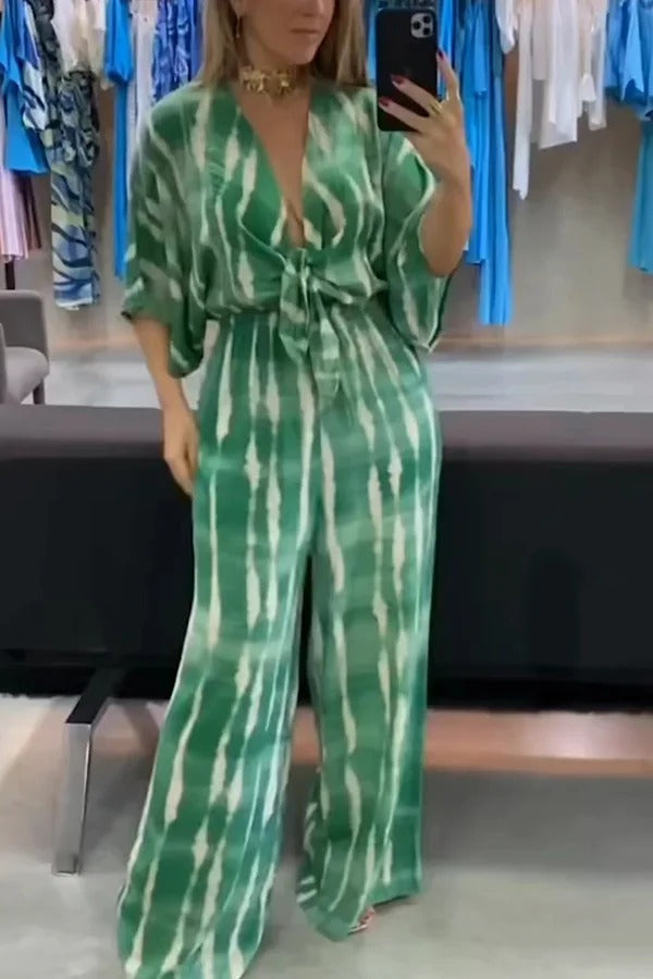 Striped Print V-Neck Lace-Up Casual Wide-Leg Jumpsuit