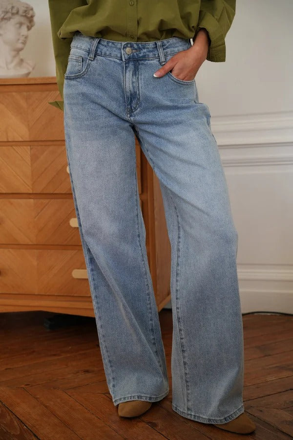 Stylish Denim Colorblock Star Patterned Mid Waist Pocket Wide Leg Jeans