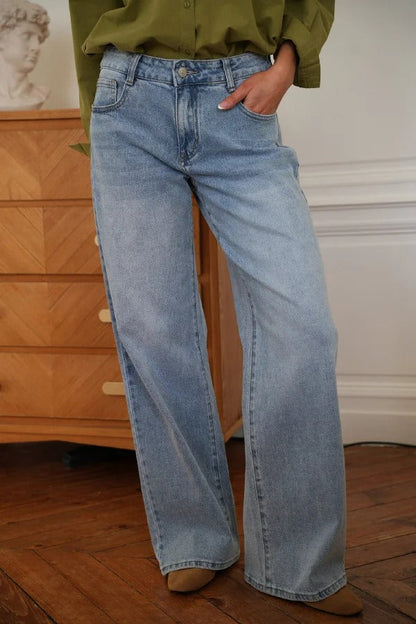 Stylish Denim Colorblock Star Patterned Mid Waist Pocket Wide Leg Jeans