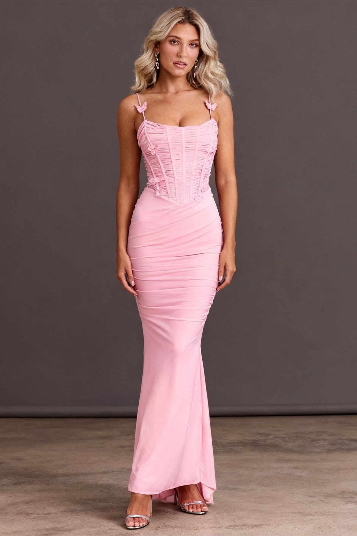 Ruched Corset Sweetheart Spaghetti Strap Bow Detail Mermaid Gown