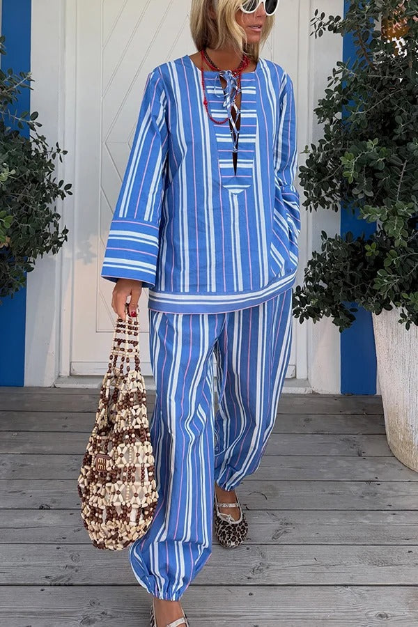 Althea Striped Print Lace-up Neck Long Sleeve Top and Elastic Waist Pocket Lantern Pants Set