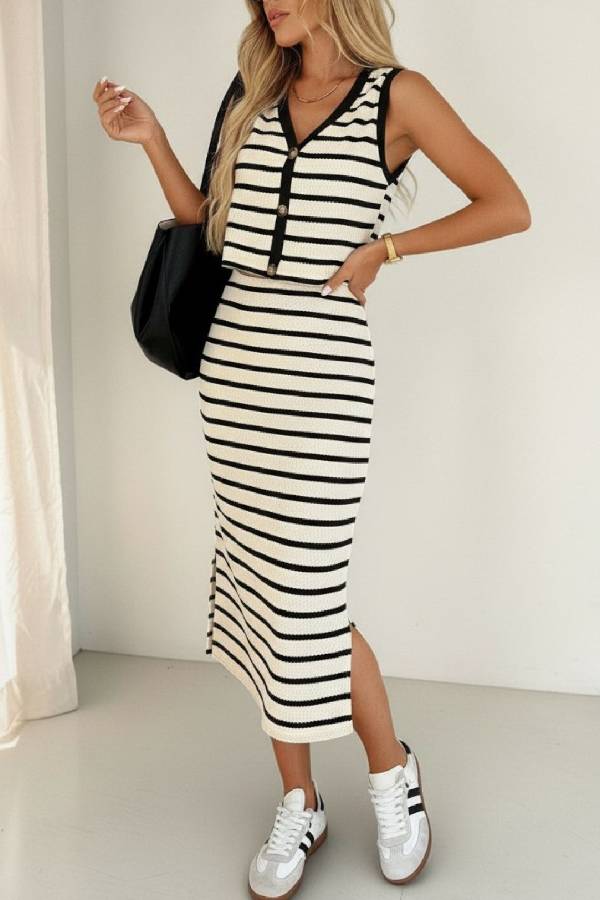 Striped Knit Sleeveless Top & High-Waisted Skirt Two-Piece Set