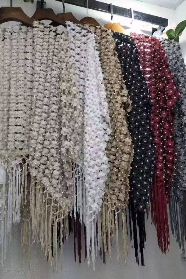 3D Pearl Daisy Tassel Sheer Lace Cape Shawl