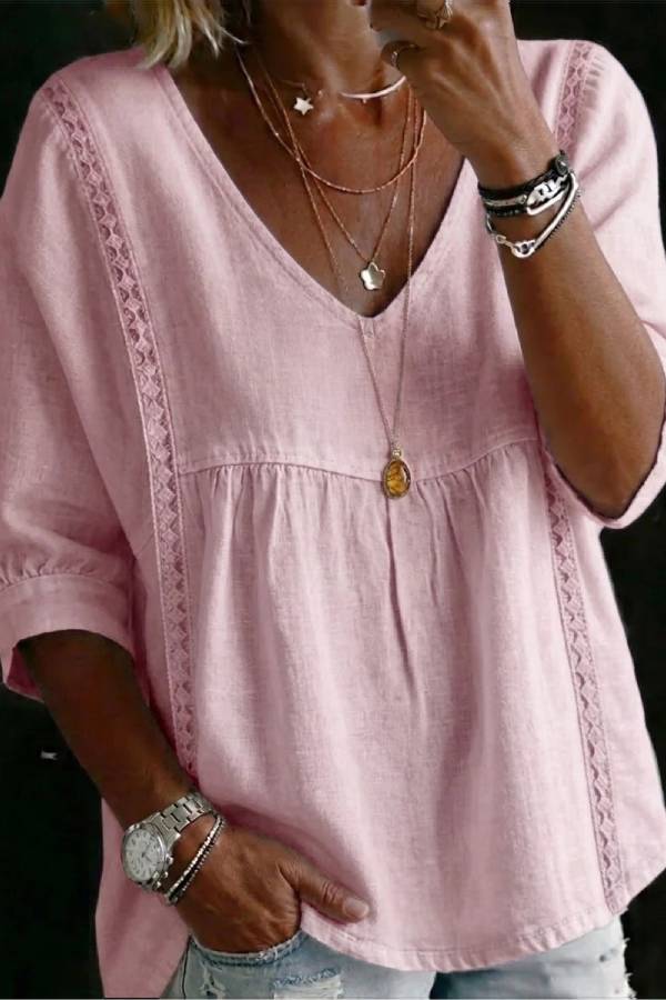 V-Neck Lace Trim Linen Blend Babydoll Blouse