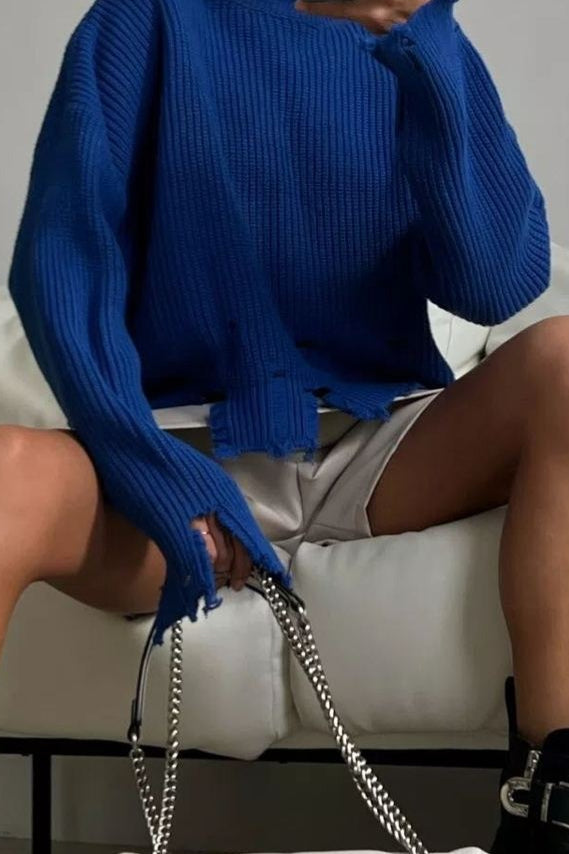 Edgy Distressed Crew Neck Solid Sweater