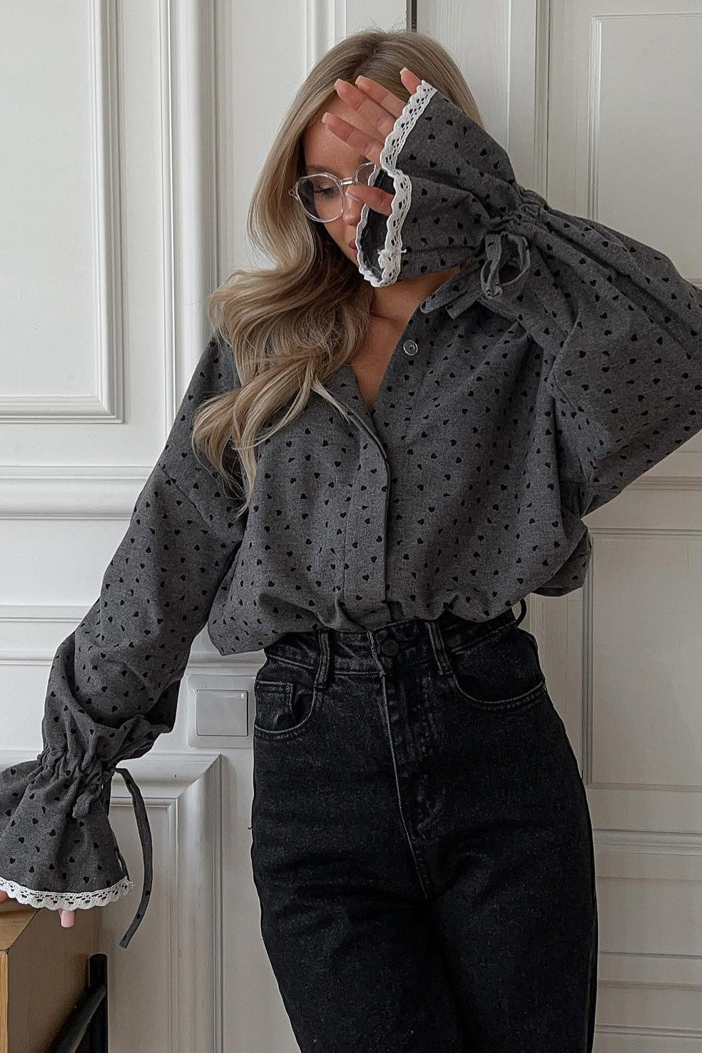 Heart Print Lace Trimmed Blouse
