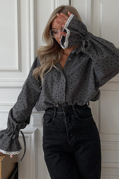 Heart Print Lace Trimmed Blouse