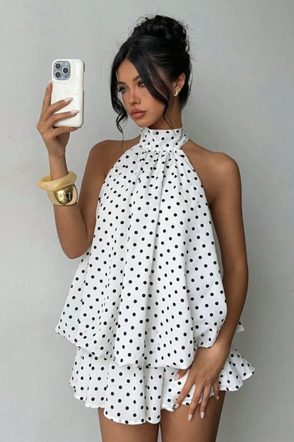 Polka Dot Halter Backless Lace-Up Flared Mini Dress
