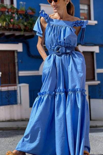 Ocean House Elastic Knotted Shoulder Straps Ruffles Pocket A-line Maxi Dress